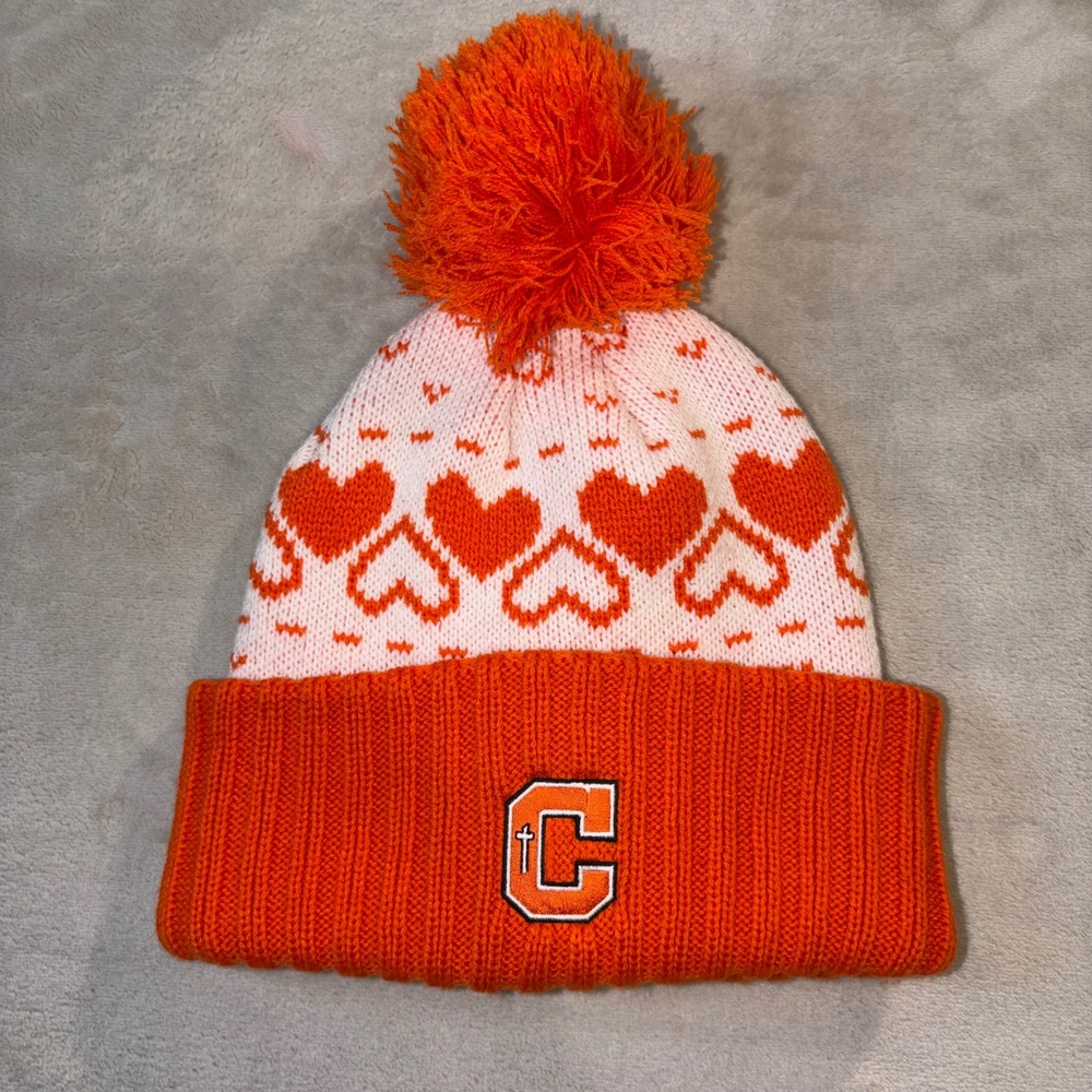 Logofit Campbell University Beanie Orange White Heart Pom Pom Knit Hat OSFM